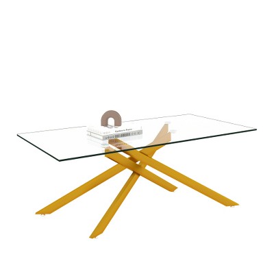 Dolonm 47.2" Rectangular Clear Tempered Glass Coffee Table,Stylish Design with Golden Metal Legs, Coffee Table for Living Room
