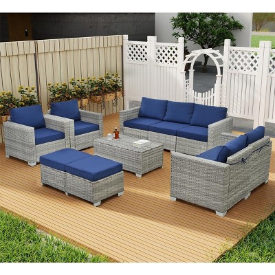 ELJGET 10PCS Outdoor Patio Wicker Furniture Set Cushioned Sectional Sofa Storage Coffee Table Navy Cushion