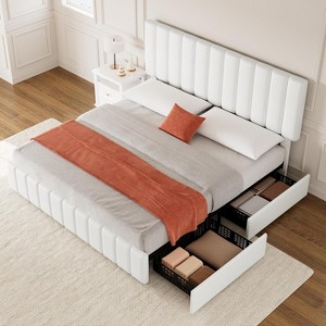 Full/ Queen/ King Size Bed Frame with 4 Storage Drawers, Adjustable Height Headboard, Linen Upholstered Platform Bed Frame, No Box Spring Needed - 1 of 4