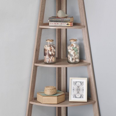 Weathered Oak 5-Tier Corner Ladder Bookshelf