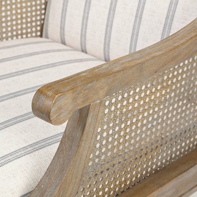 Beige Upholstered Accent Chair with Cane Webbed Arms