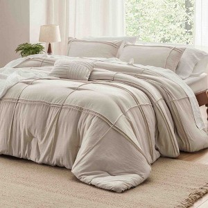 BAGOKIE 4-Piece Pinch Pleat Striped Bed in a Bag Comforter Set for All Season - 1 of 3