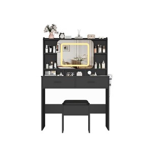 Vanity Sliding Desk and Stool with Mirror and Lights, Makeup Vanity with Charging Station - 1 of 4