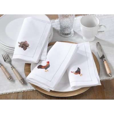 White Cotton Hemstitch Napkins with Embroidered Turkey Design, Set of 6