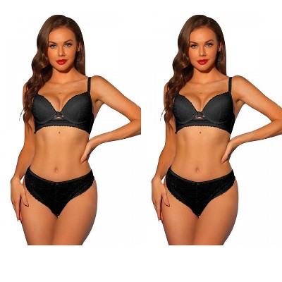 Allegra K Women's Lace Padded Full Coverage Underwire Bra and Panty Set 2 Packs