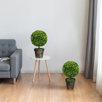 22" Green Artificial Boxwood Topiary Trees in Bronze Cement Pots, Set of 2