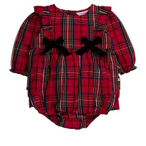 RuffleButts Baby Girls Woven Long Sleeve Waterfall Bow Bubble Romper - 1 of 2