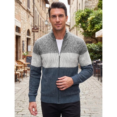 INSPIRE CHIC Men's Stand Collar Cable Knit Contrast Stripe Sweater Jackets Small Gray Navy — фото 2