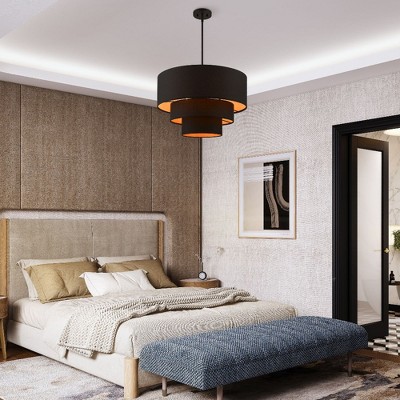 Sentosa Black Triple Drum Pendant Light with Orange Interior