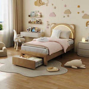 Full Size Bed Frame for Kids, Upholstered Platform Bed Frame with Adjustable Headboard & Led Light, No Box Spring Needed, for Kids' Room Nursery - 1 of 4