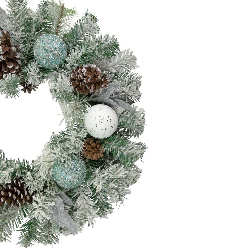 Northlight 24" Unlit Teal/Silver Ornaments Artificial Flocked Pine Christmas Wreath, 3 of 4