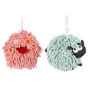 REGALWOVEN 2 Packs Cute Sheep Shape Absorbent Fast Drying Chenille Hand Towels with Hanging Loop 7" x 7" - 1 of 4