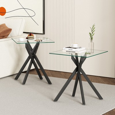 Dolonm 17.72" Square Tempered Glass End Table with Metal Legs, Set of 2, Modern Living Room Side Tables