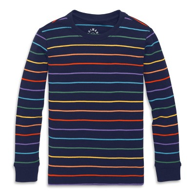 Primary Kids Organic Long Sleeve Pj Top In Rainbow Stripe in Navy Mini Rainbow Stripe Size 5