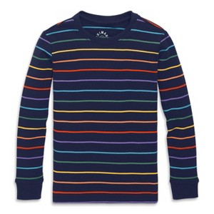 Primary Kids Organic Long Sleeve Pj Top In Rainbow Stripe in Navy Mini Rainbow Stripe Size 5 - 1 of 1
