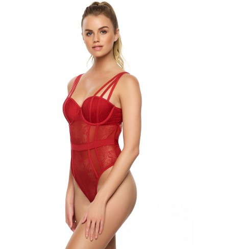 Jezebel by Felina Womens Anika Lace Bodysuit | Thong Back (Tango Red,  X-Large)