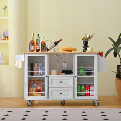 JUJABU White Mobile Kitchen Island on Wheels with Drop-Leaf Top, Drawers, Cabinet, Towel & Spice Racks