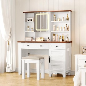 GustoWave Makeup Vanity Desk,Makeup Vanity with Mirror and Lights & Power Outlet, Makeup Table with 2 Drawers and Cushioned Stool, Dressing Table - 1 of 4