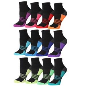 Women's 12-Pairs Running & Athletic Sports Performance Midnight Black Rainbow Checks & Sole Ankle/Quarter Socks For Women - 1 of 4
