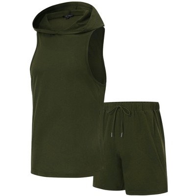 Men's Athletic Tracksuit Set Sleeveless Hooded Tanks Tops Sweatsuit 2 Piece Casual Sports Shorts Set