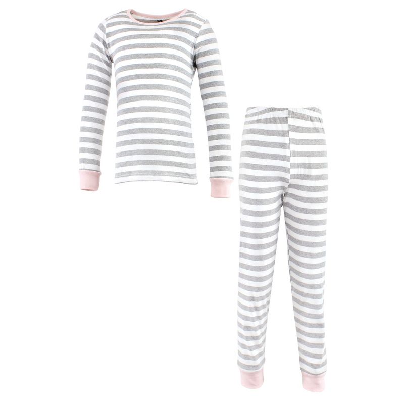 Hudson Baby Infant Girl Cotton Pajama Set, Gray Stripe Pink, 1 of 5