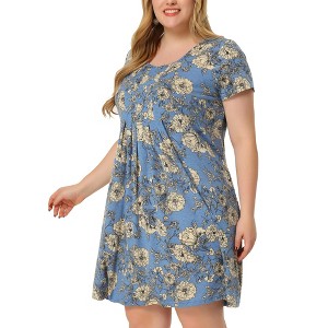 Agnes Orinda Women's Plus Size Floral Inverted Box Pleat Boho T-Shirt Dresses - 1 of 4
