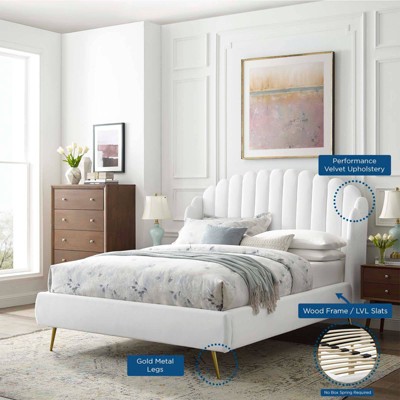 Queen White Velvet Upholstered Wingback Platform Bed with Tufted Headboard