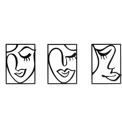 Cinq 3 Piece Set Wall Decor, Face Line Drawing Abstract Design, Black Rectangular Metal Frame