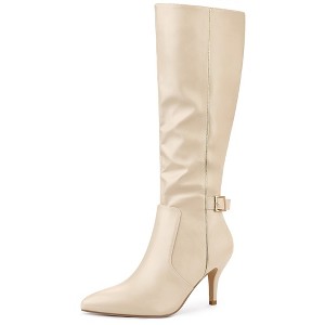Allegra K Women's Pointy Toe Buckle Decor Side Zip Stiletto Heel Knee High Boots - 1 of 4