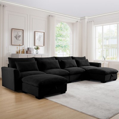 Big Deep Seat U-Shaped Corduroy Sectional Couches for Living Room, 4 Seater Sofa Couch with 2 Storage Footstool and 4 Waist Pillows