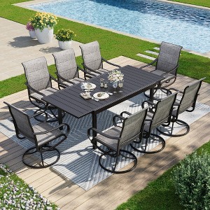 Captiva Designs 9pc Patio Dining Set with Slat-top Adjustable Steel Rectangle Table & Padded Textilene Swivel Chairs - 1 of 4