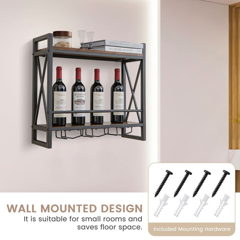 Costway Wall Mounted Wine Rack Industrial 2-Tier Wood Shelf with 3 Stem Glass Holders, 5 of 8