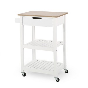 VYNXARIA Kitchen Cart with Open Slat Shelves, Rubberwood Top, and Locking Wheels ¨C Perfect for Small Spaces and Organized Storage - 1 of 4