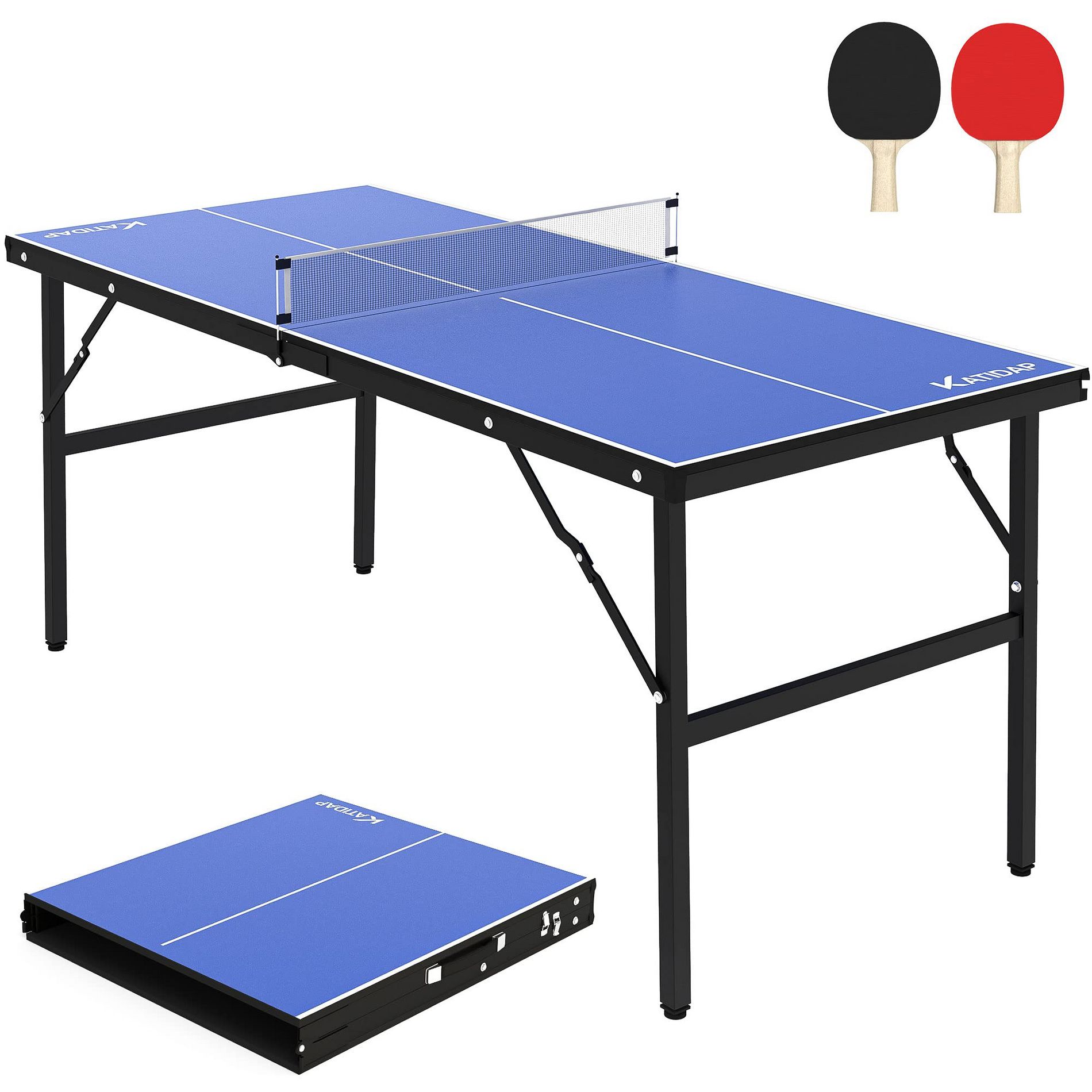 Portable Ping Pong Table,Mid-Size Foldable Tennis Table with Net for Indoor Outdoor,Blue,60x26x27.5 Inch