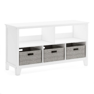 Creamy White Wooden Kids' Low Bookcase with Fabric Bins