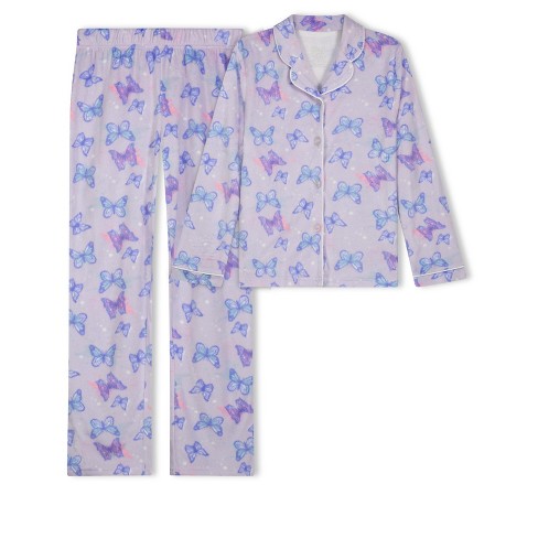Sleep On It Girls Butterflies 2-Piece Button Up Fleece Coat Pajama Sleep  Set - Purple, Size: L 14/16