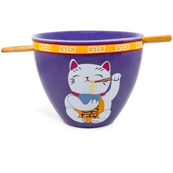 Boom Trendz Bowl Bop Purple Lucky Cat Japanese Dinner Set | 16-Ounce Ramen Bowl, Chopsticks