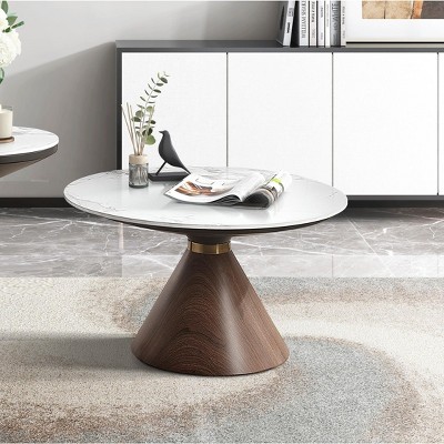 NicBex Luxury Round Coffee Table with White Sintered Stone Top,Oak Finish Wood with Gold-Tone Metal Accents,Living Room Furniture