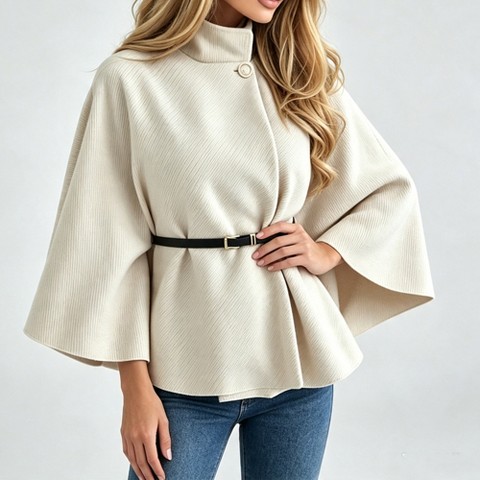 Женские куртки YesFashion Women's Stand Collar Cape Coat, Wide Bell Sleeve Short Wrap Jacket with Belt, Elegant Loose Fall Outerwear Beige S