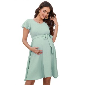 Coolmee Women's Summer Maternity Maxi Dress Short Flutter Sleeve V Neck A-Line Flowy Wedding Guest Long Sundress with Belt - 1 of 4
