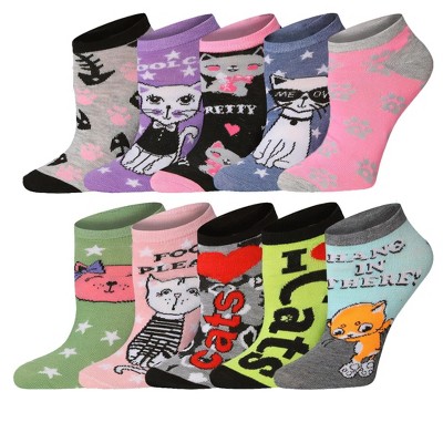 Tipi Toe Womens 10 Pairs Kitty Craze Chroma Pattern & Mix Colors For Vibrant Style Low Cut/No Show Socks