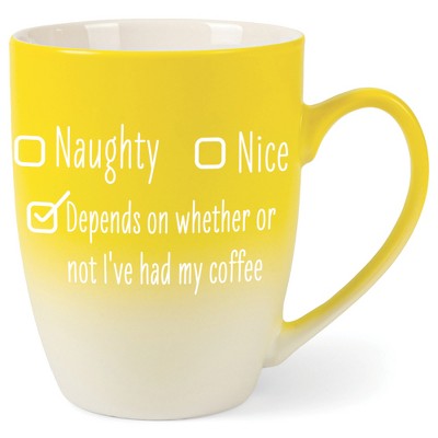 Naughty Nice Depends On Whether Or Not I'Ve Had My Coffee Two Toned Ombre Matte Yellow and White 12 ounce Ceramic Stoneware Coffee Cup Mug