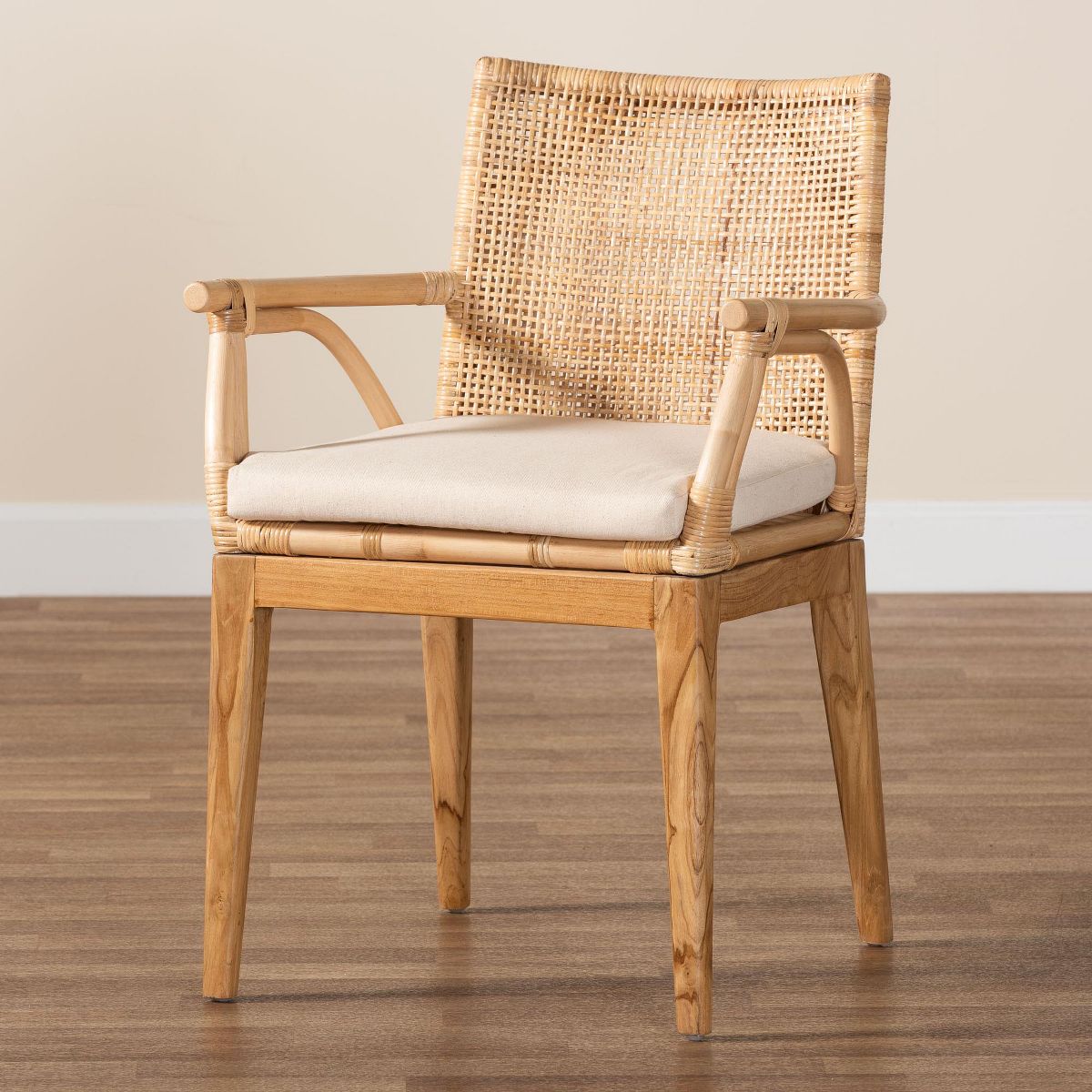 bali & pari Storsel Modern Bohemian Natural Brown Finished Teak Wood and Rattan Dining Chair - thumbnail 9
