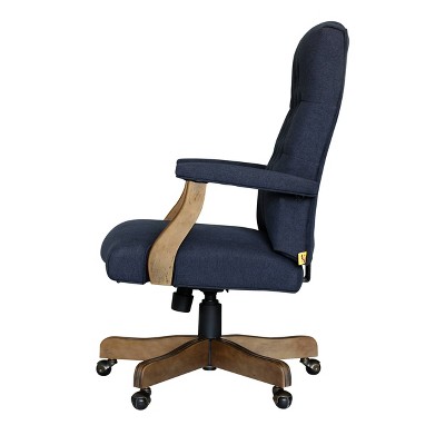 Elegant Denim Blue High-Back Executive Chair with Driftwood Wood Base