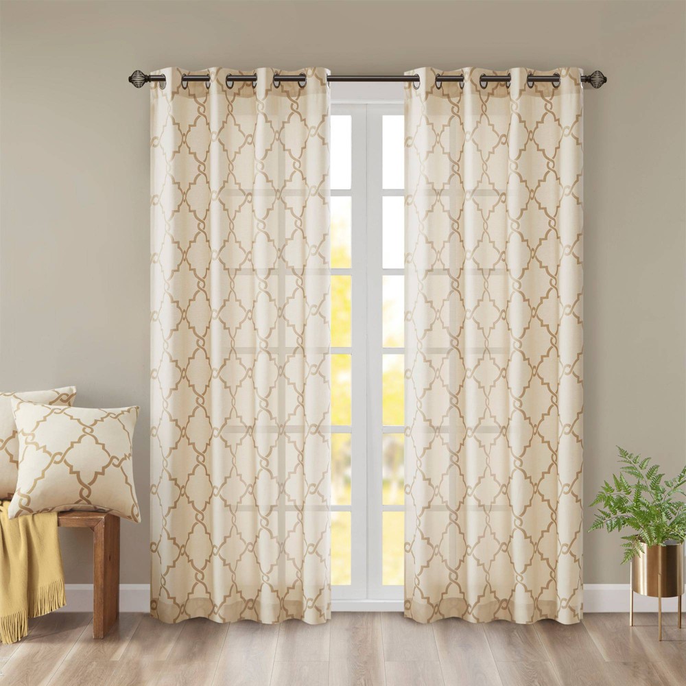 Photos - Curtains & Drapes 1pc 50"x63" Light Filtering Sereno Fretwork Print Curtain Panel Beige/Gold