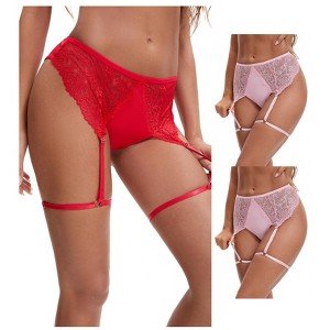 INSPIRE CHIC Women's 3 Pcs Perspective Lace Hipsters Hollow Out Panties with Adjustable Garters - 1 of 4
