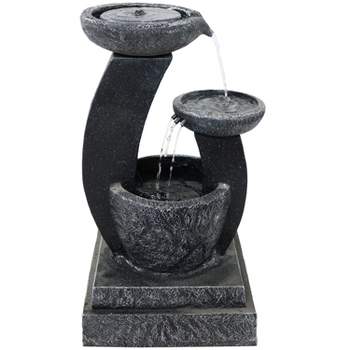Sunnydaze Outdoor Modern Cascading Bowls Solar Powered Water Fountain with Battery Backup, LED Lights, and Submersible Pump - 28" - Black