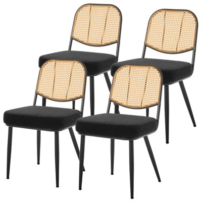 Bekrvio Rattan Dining Chairs Set of 4 - Mid Century Modern Boucle Upholstered Cane Back Side Chairs with Metal Legs for Kitchen,Black