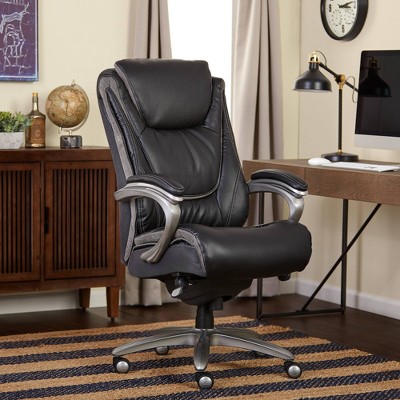 ErgoExecutive High-Back Black Leather & Wood Swivel Office Chair