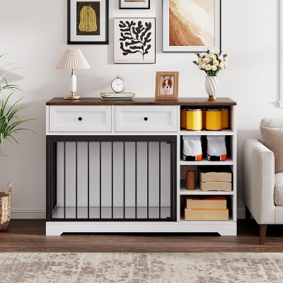 Dog Crate Furniture 47", Large Dog Crate with 2 Drawers and 4 Shelves, Wooden Heavy Duty Dog Crate, Decorative Dog Indoor Kennel Furniture Indoor